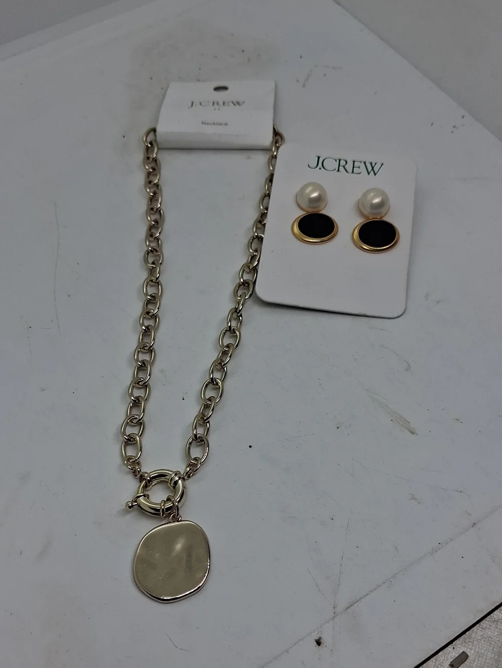 NWT J. Crew Gold-Tone Chain Necklace with Black and Pearl Accent Earrings